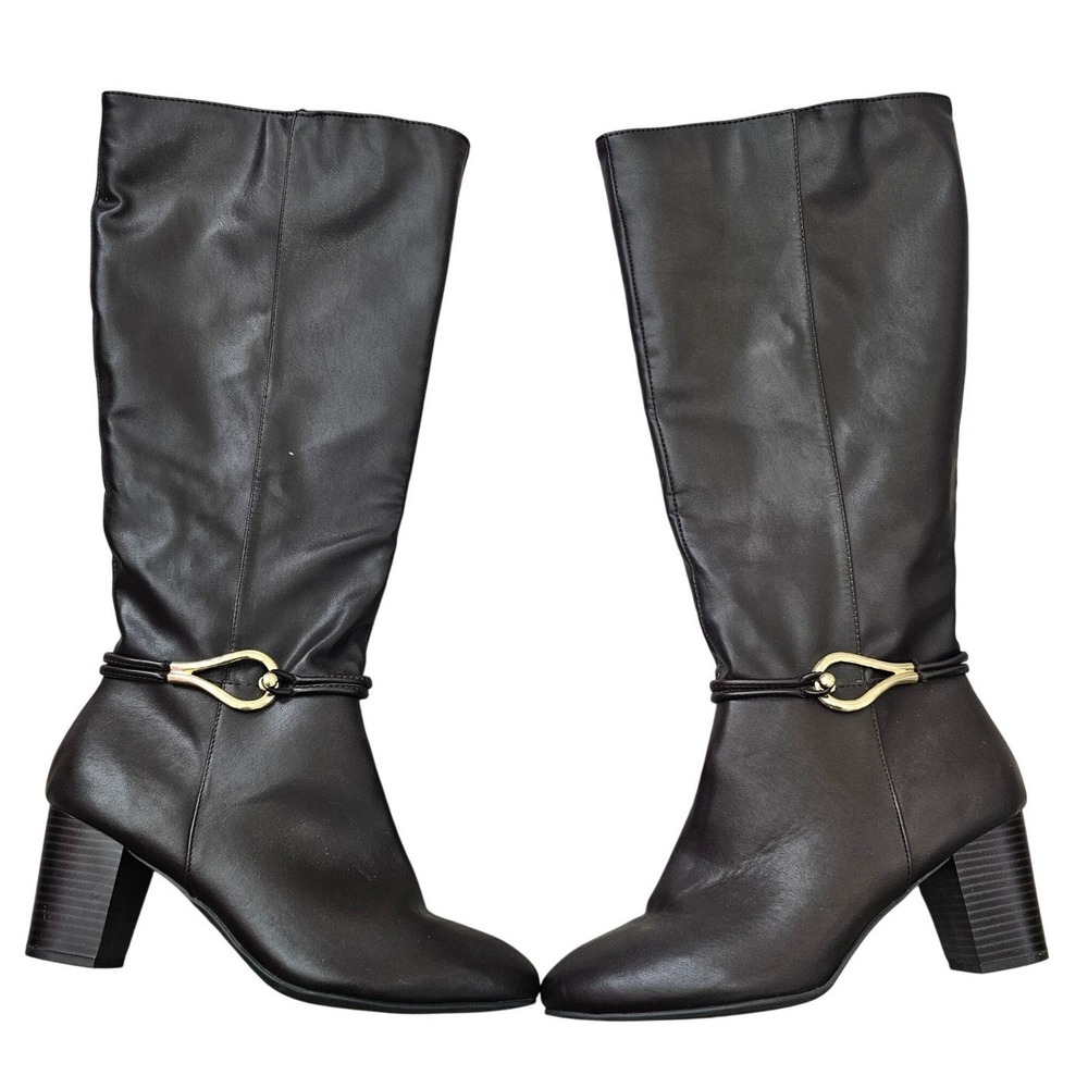 Womens Tall Knee High Boots Dark Brown Block Heel Gold Hardware Size 11 178401